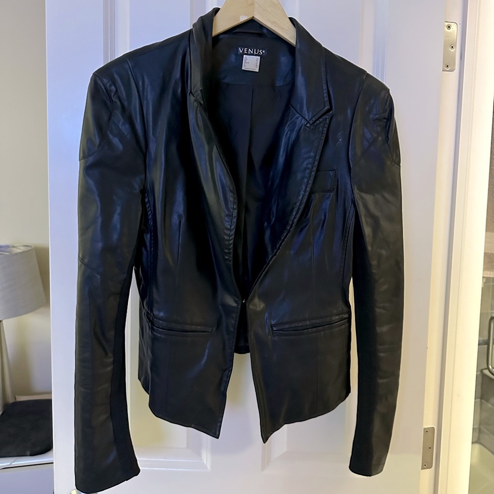 Women’s faux, leather latch, closure machine, washable jacket
